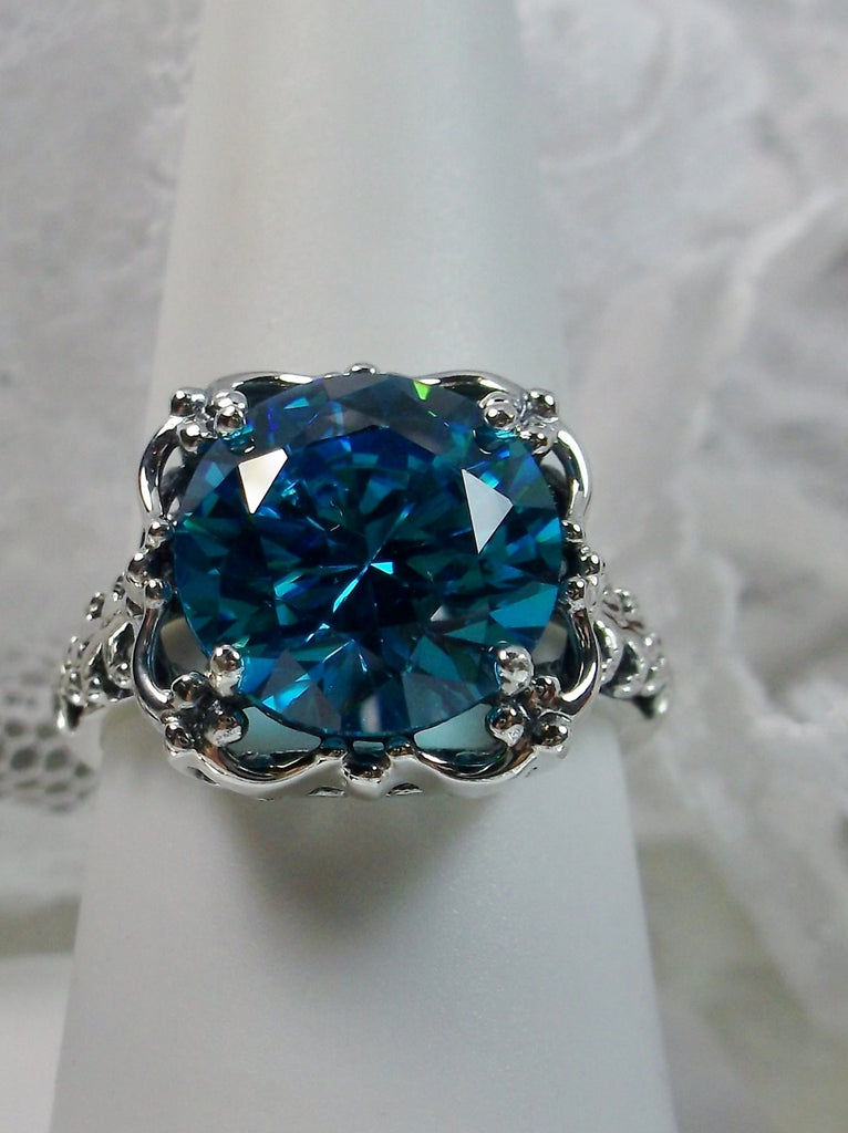 Blue Aquamarine Cubic Zirconia (CZ) Ring, Speechless Design #D103, Sterling Silver Filigree, Vintage Jewelry, Silver Embrace Jewelry