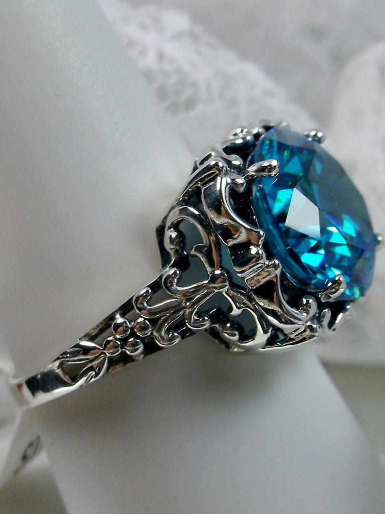 Blue Aquamarine Cubic Zirconia (CZ) Ring, Speechless Design #D103, Sterling Silver Filigree, Vintage Jewelry, Silver Embrace Jewelry