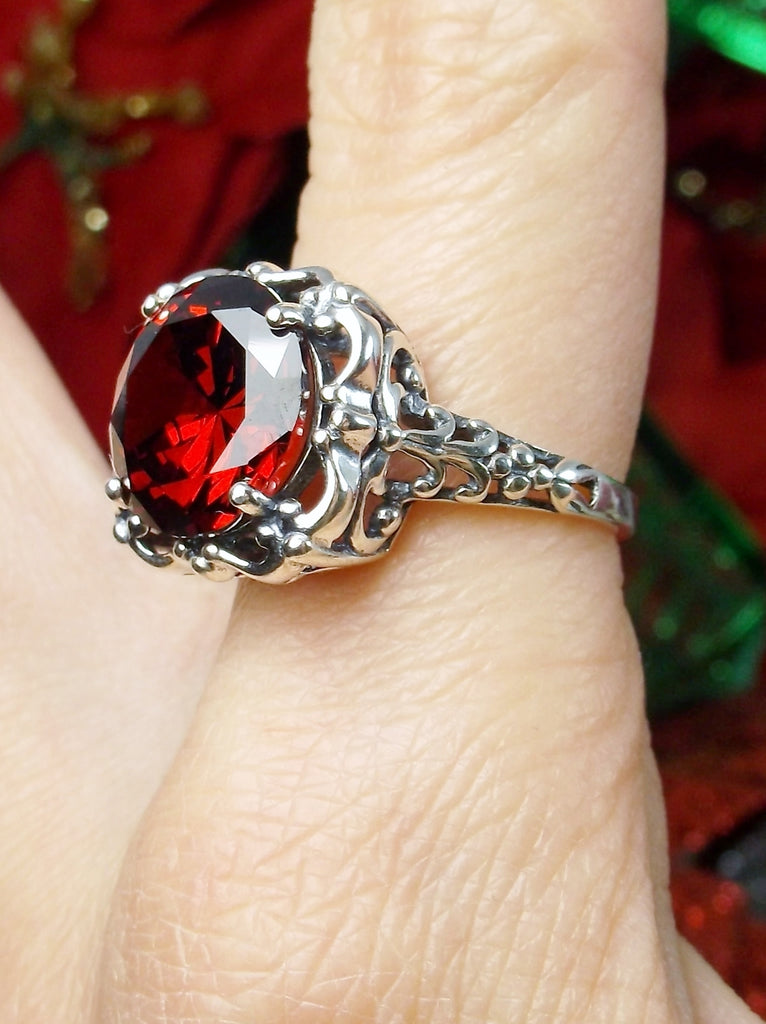Red Garnet Cubic Zirconia Ring, Speechless Design #D103, Sterling Silver Filigree, Vintage Jewelry, Silver Embrace Jewelry