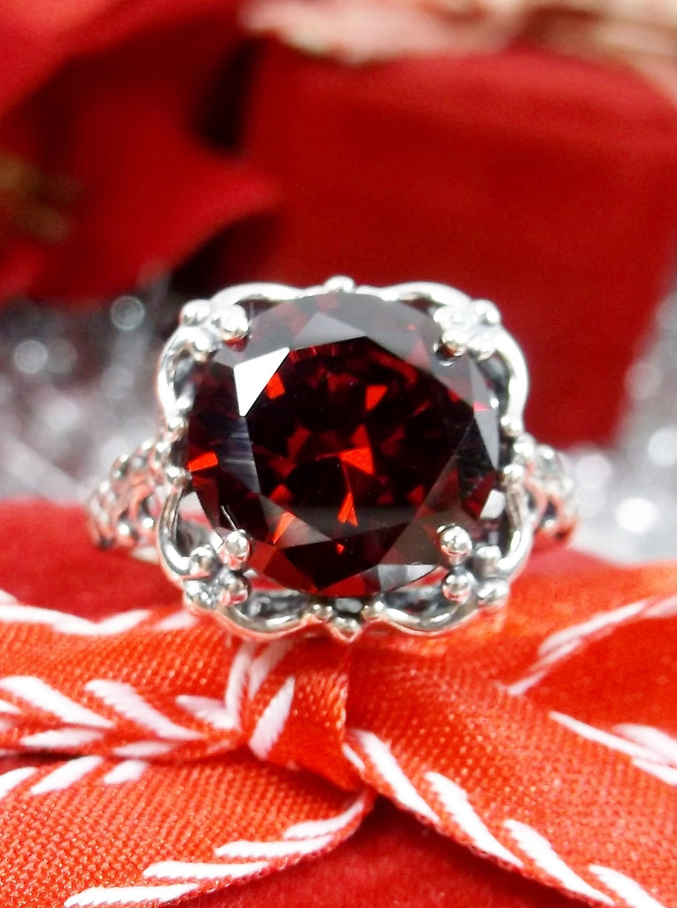 Red Garnet Cubic Zirconia Ring, Speechless Design #D103, Sterling Silver Filigree, Vintage Jewelry, Silver Embrace Jewelry