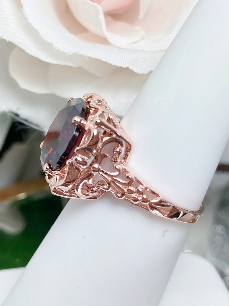 Red Garnet CZ Ring, Speechless Design #D103, Rose Gold-plated Sterling Silver Filigree, Vintage Jewelry, Silver Embrace Jewelry