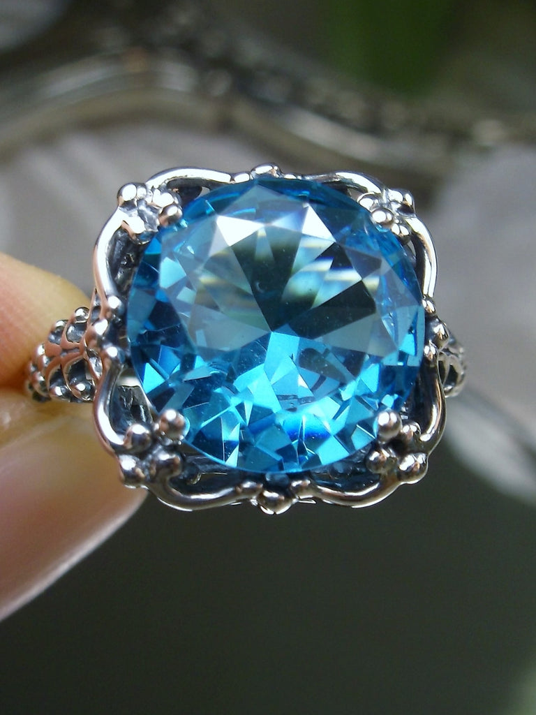 Swiss Blue Topaz Ring, Speechless Design #D103, Sterling Silver Filigree, Vintage Jewelry, Silver Embrace Jewelry