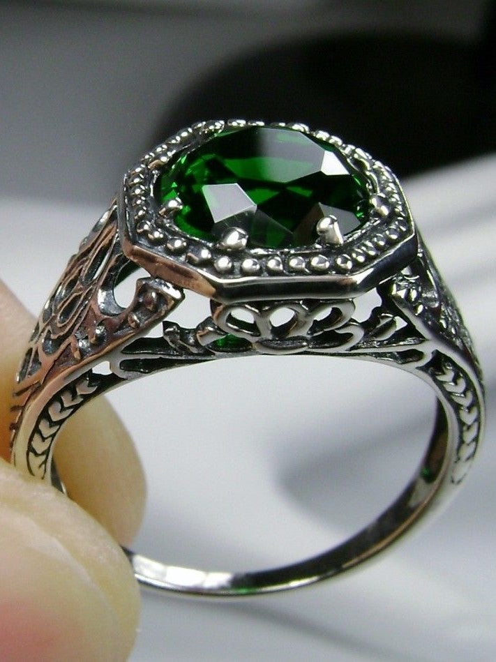 Green Emerald Ring, New Victorian design, Vintage Jewelry, sterling silver filigree, Silver Embrace Jewelry, D11