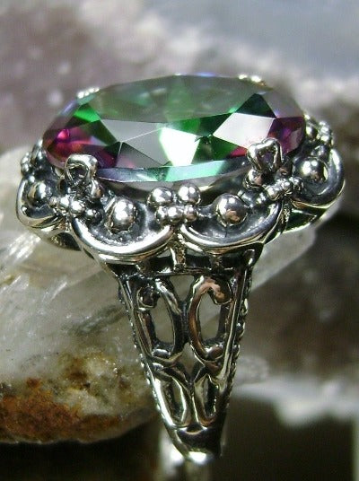 Mystic Topaz (Rainbow) Ring, oval Gemstone, Vintage Antique style bouquet ring, Sterling Silver Filigree, Silver Embrace Jewelry, Bouquet Ring D118