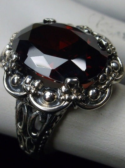 Red Garnet Cubic Zirconia (CZ) Ring, oval Gemstone, Vintage Antique style bouquet ring, Sterling Silver Filigree, Silver Embrace Jewelry, Bouquet Ring D118