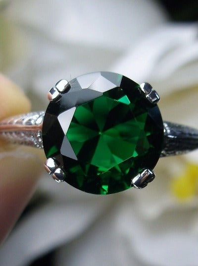 Green Emerald Ring, Button Design, Sterling Silver Filigree, Art Deco Jewelry, Silver Embrace Jewelry D12