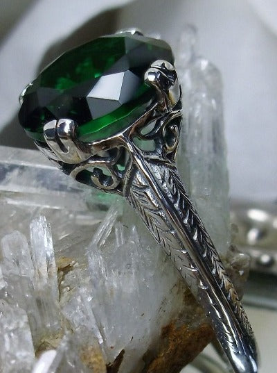 Green Emerald Ring, Button Design, Sterling Silver Filigree, Art Deco Jewelry, Silver Embrace Jewelry D12