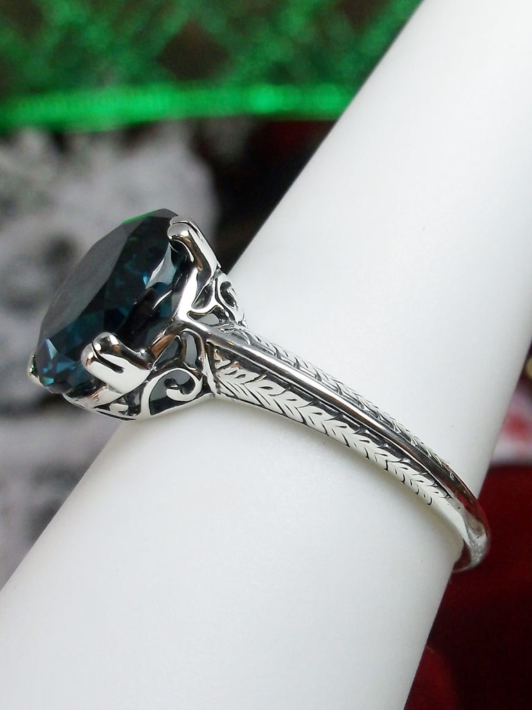 Natural London Blue Topaz Ring, Button Solitaire, Sterling Silver Filigree, Silver Embrace Jewelry, D12