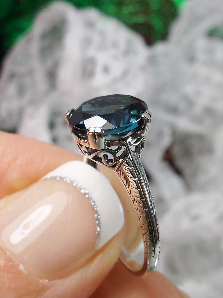 Natural London Blue Topaz Ring, Button Solitaire, Sterling Silver Filigree, Silver Embrace Jewelry, D12