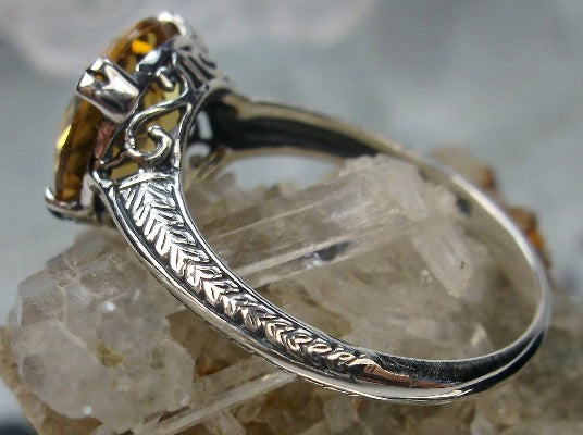 Natural Yellow Citrine Ring,  Button Design, Sterling Silver Filigree, Art Deco Jewelry, Silver Embrace Jewelry D12