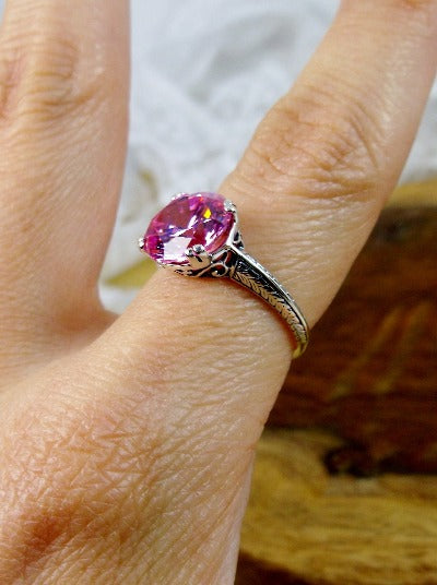 Pink Cubic Zirconia (CZ) Ring, Button Design, Sterling Silver Filigree, Art Deco Jewelry, Silver Embrace Jewelry D12
