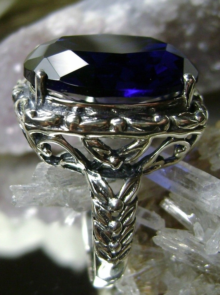 Blue Sapphire Ring, Leaf Accent Ring, Choice of Simulated Gemstone, Sterling silver Art Nouveau Filigree, Silver Embrace Jewelry, Leaf Accent, D120