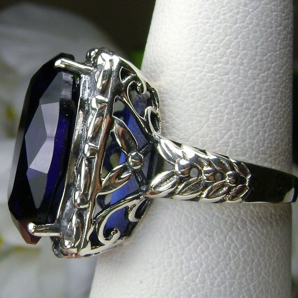 Blue Sapphire Leaf Accent Ring, Choice of Simulated Gemstone, Sterling silver Art Nouveau Filigree, Silver Embrace Jewelry, Leaf Accent, D120