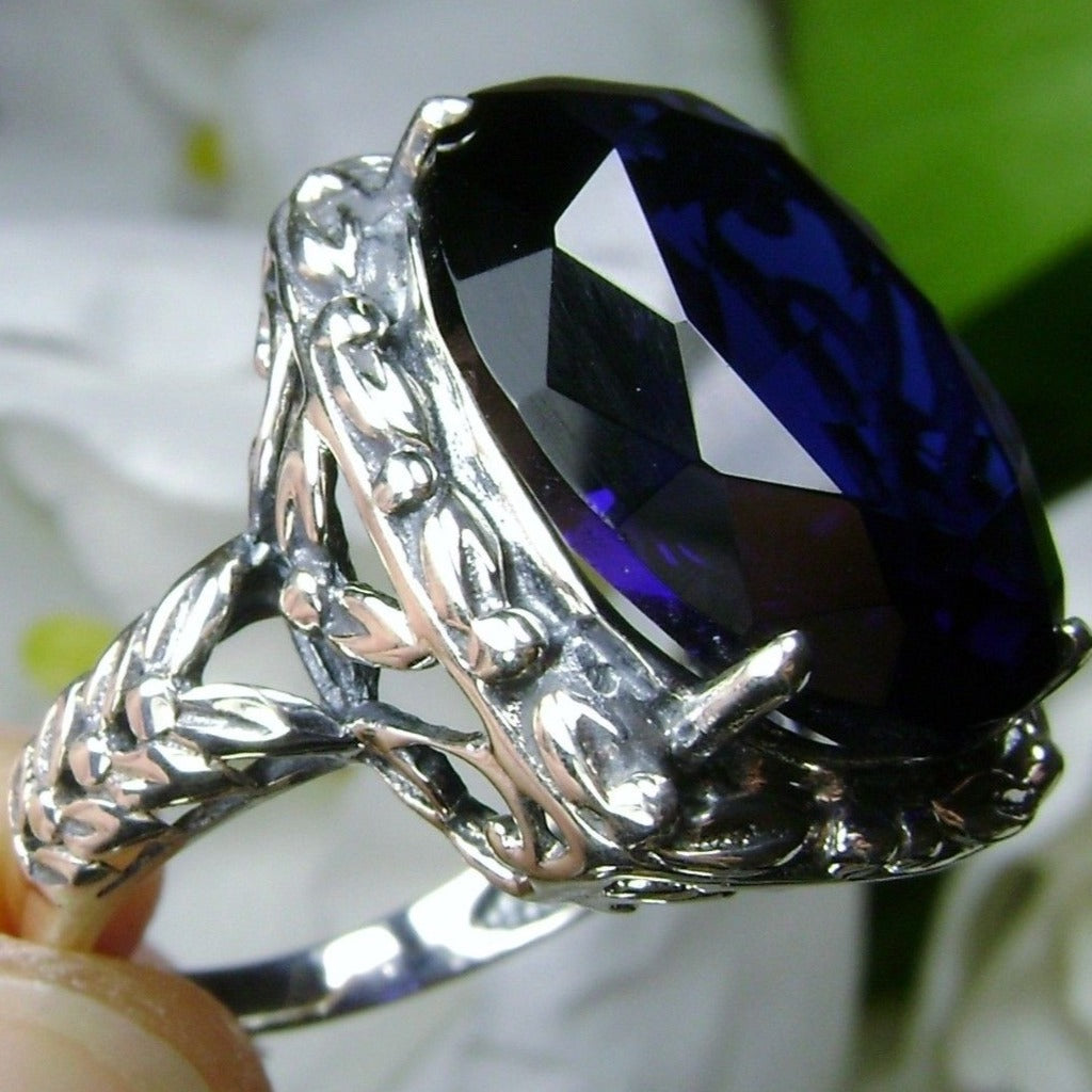 Blue Sapphire Leaf Accent Ring, Choice of Simulated Gemstone, Sterling silver Art Nouveau Filigree, Silver Embrace Jewelry, Leaf Accent, D120