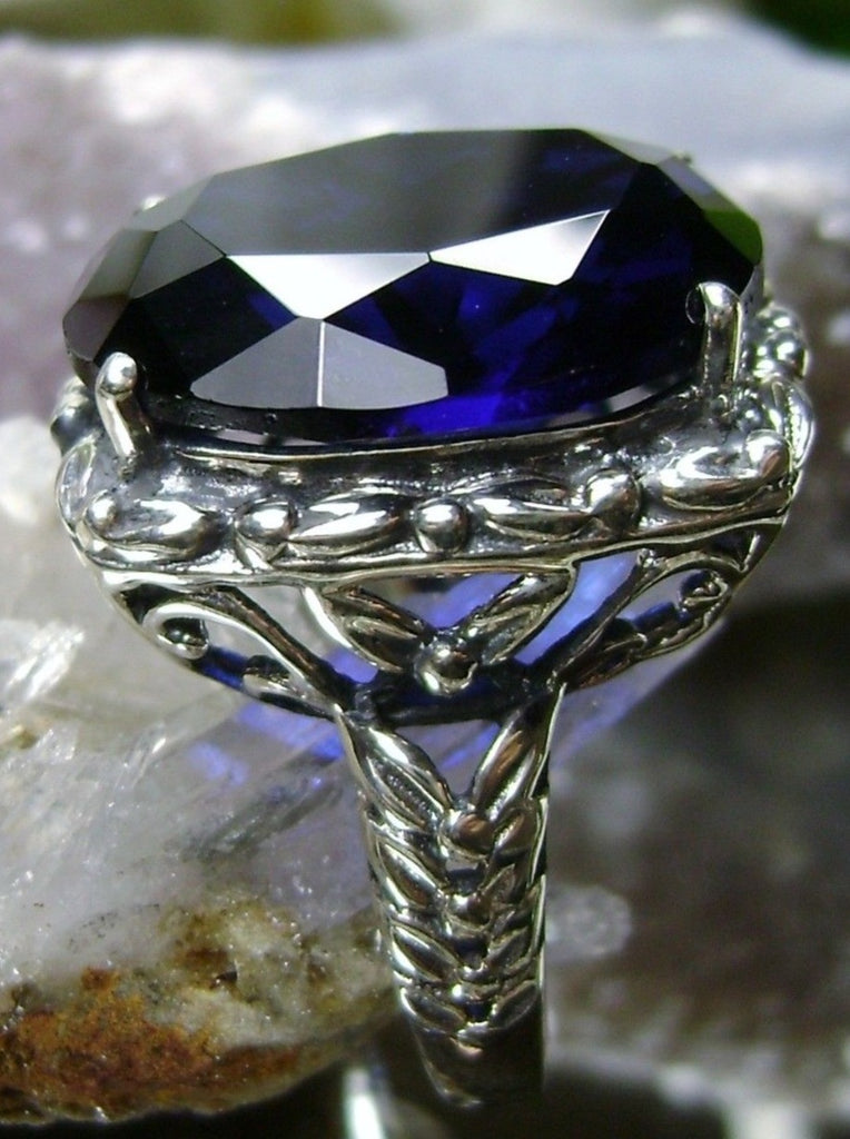 Blue Sapphire Ring, Leaf Accent Ring, Choice of Simulated Gemstone, Sterling silver Art Nouveau Filigree, Silver Embrace Jewelry, Leaf Accent, D120