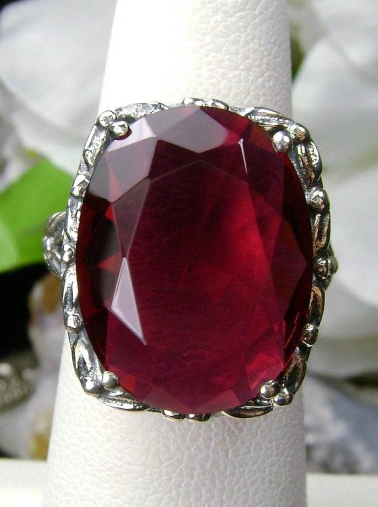 Red Ruby Leaf Accent Ring, Choice of Simulated Gemstone, Sterling silver Art Nouveau Filigree, Silver Embrace Jewelry, Leaf Accent, D120