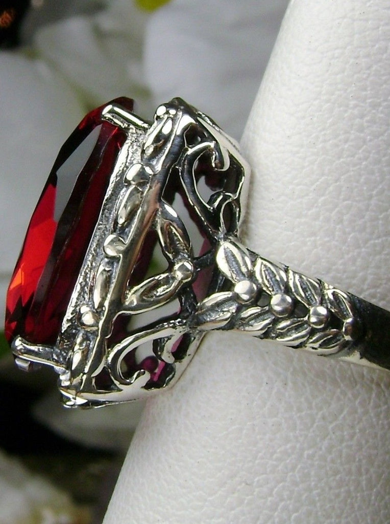 Red Ruby Ring, Leaf Accent Ring, Choice of Simulated Gemstone, Sterling silver Art Nouveau Filigree, Silver Embrace Jewelry, Leaf Accent, D120