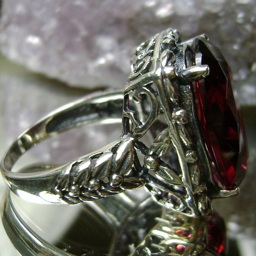 Red Ruby Ring, Leaf Accent Ring, Choice of Simulated Gemstone, Sterling silver Art Nouveau Filigree, Silver Embrace Jewelry, Leaf Accent, D120
