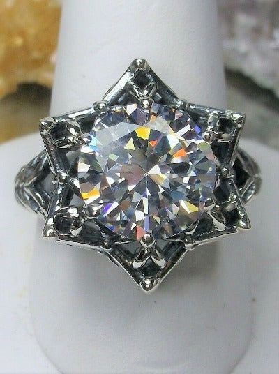White CZ (Cubic Zirconia) Ring, Faux Diamond Ring, Star Design, Sterling Silver Filigree, Gothic Design, Vintage style, Silver Embrace Jewelry, D121