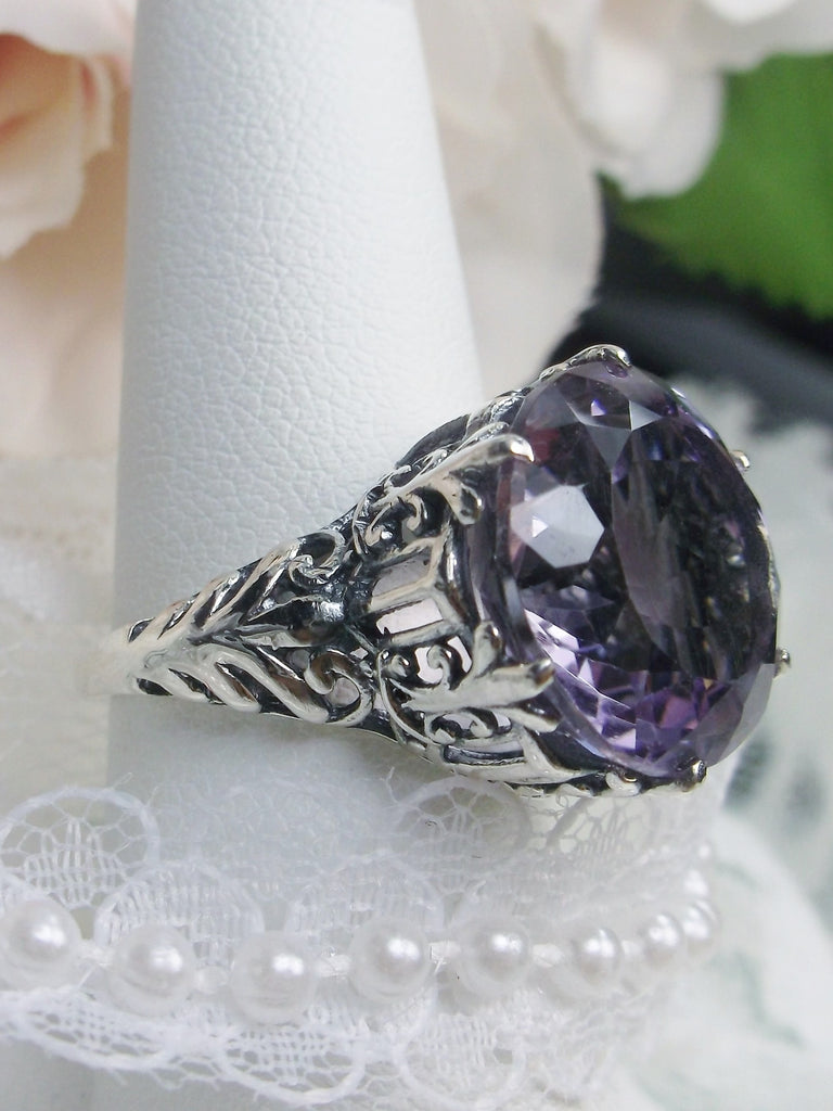 Natural Purple amethyst ring, sterling silver filigree, romantic gothic style, silver embrace Jewelry, King design #D123