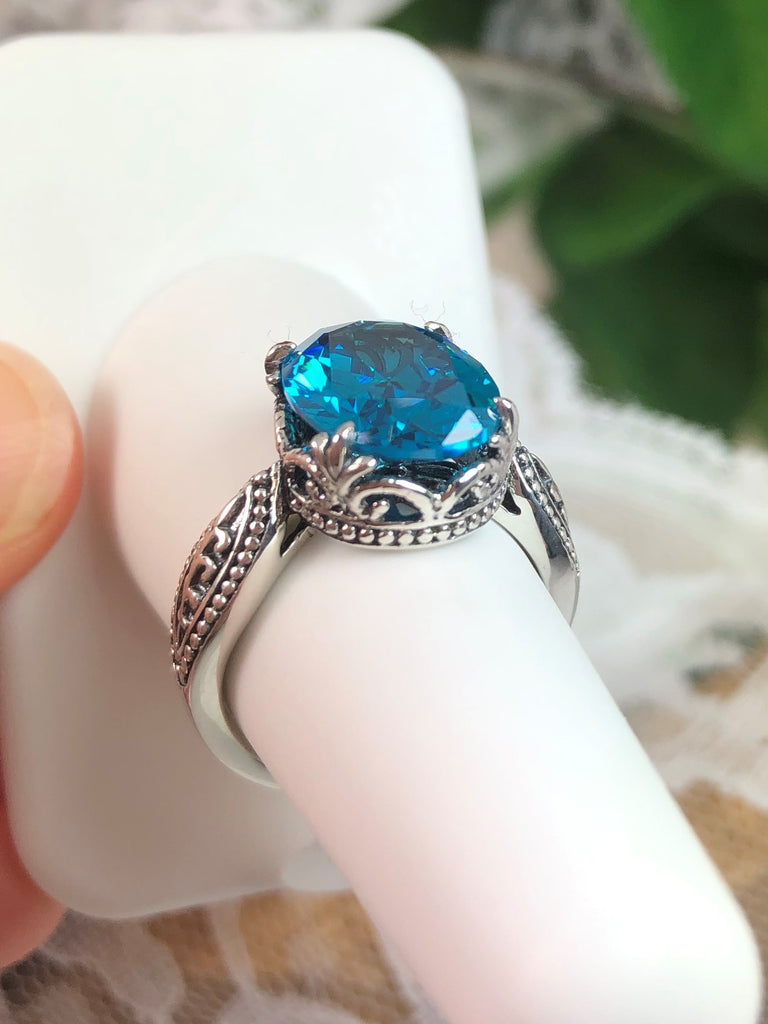 Aqua Cubic Zirconia Ring, Dragon Design, Sterling Silver Filigree, Gothic Jewelry, Silver Embrace Jewelry