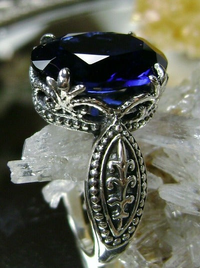 Simulated Blue Sapphire Ring, Dragon Design, Sterling Silver Filigree, Gothic Jewelry, Silver Embrace Jewelry D133