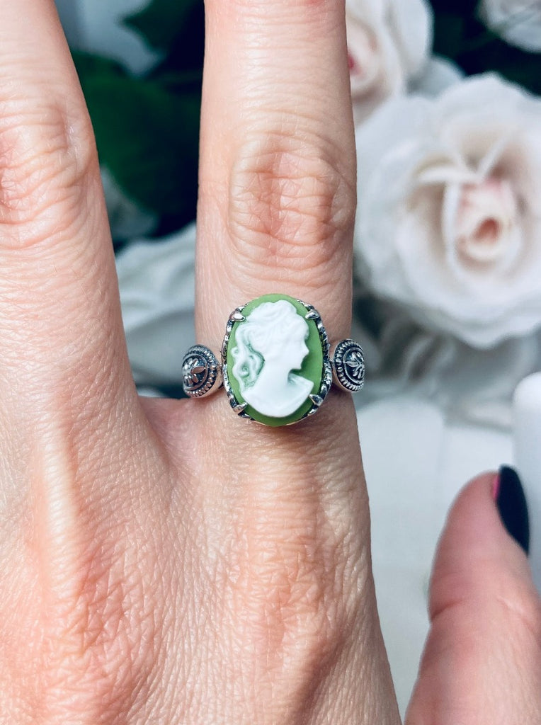 Cameo Ring, Green Lady Dragon Design, Sterling Silver Filigree, Gothic Jewelry, Silver Embrace Jewelry, D133 Dragon Ring