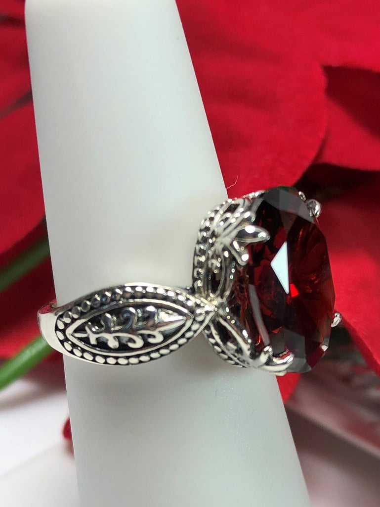 Garnet CZ Ring, Dragon Design, Sterling Silver Filigree, Gothic Jewelry, Silver Embrace Jewelry