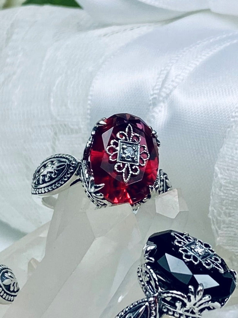 Red Ruby Embellished Gothic Oval Ring, Dragon Design, Sterling Silver Filigree, Gothic Jewelry, Silver Embrace Jewelry D133e