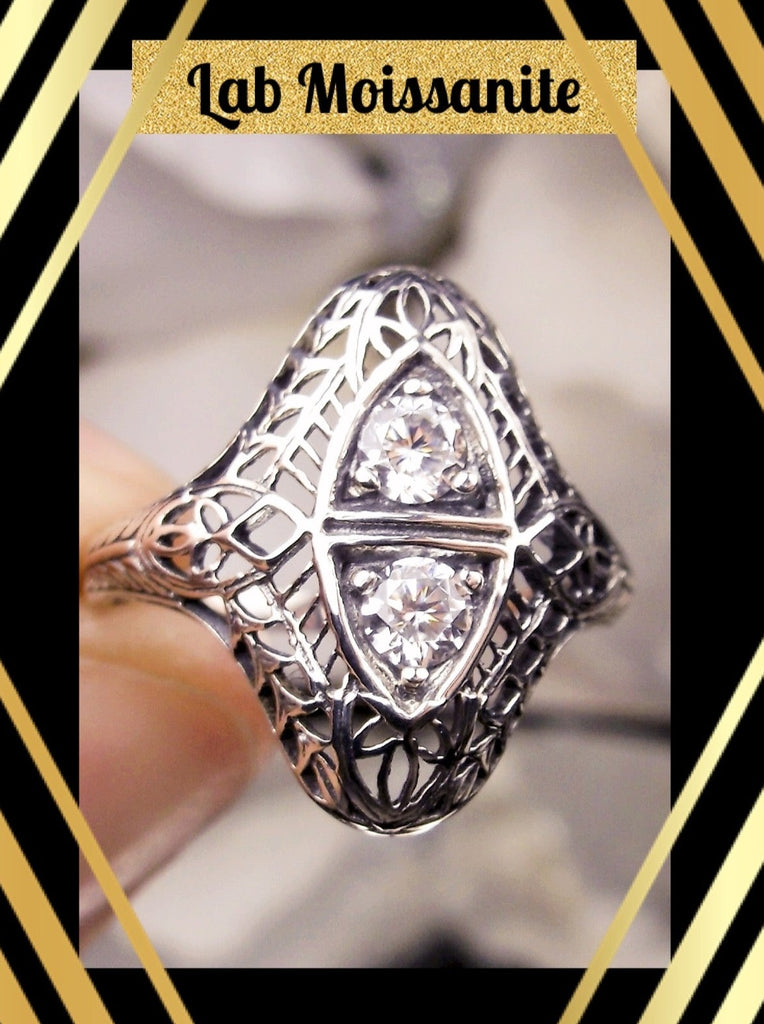 White CZ or Moissanite Ring, 2 Stone Art Deco Jewelry, Silver Embrace Jewelry #D136
