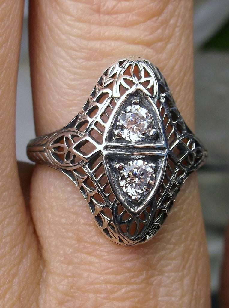 White CZ or Moissanite Ring, 2 Stone Art Deco Jewelry, Silver Embrace Jewelry #D136