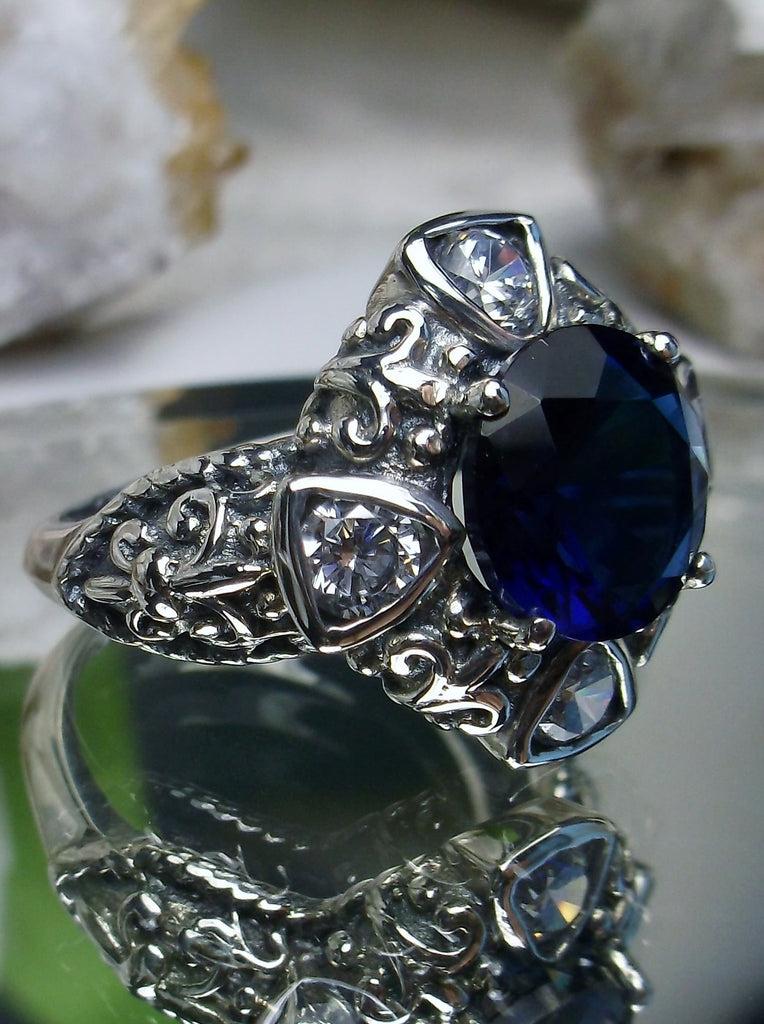 5-Gem Round Art Deco Ring, Blue Sapphire center stone with 4 White Cubic Zirconia surrounding gems, Vintage Jewelry, Sterling Silver Filigree, Silver Embrace Jewelry D138