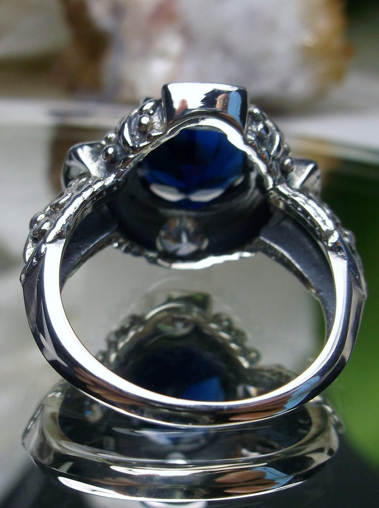 5-Gem Round Art Deco Ring, Blue Sapphire center stone with 4 White Cubic Zirconia surrounding gems, Vintage Jewelry, Sterling Silver Filigree, Silver Embrace Jewelry D138
