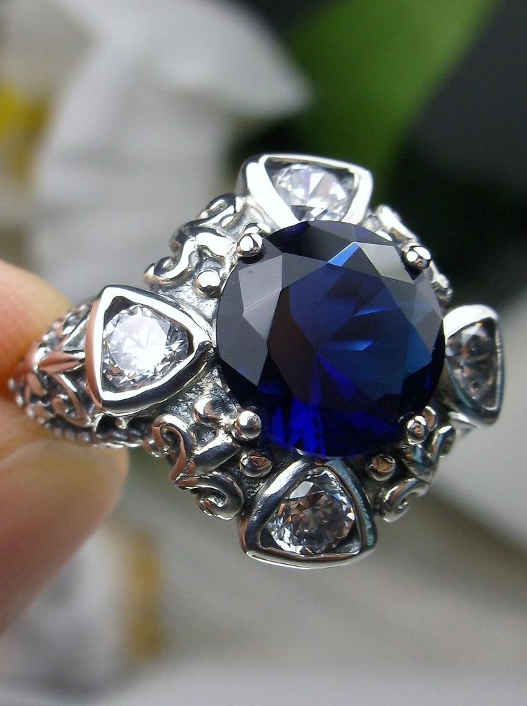 Round 5-Gem Art Deco Ring, blue sapphire center stone with 4 surrounding White CZ Gems, Art deco Filigree, Sterling silver, Silver Embrace Jewelry D138