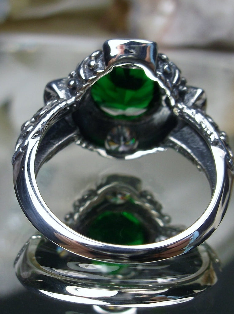 Round 5-Gem Art Deco Ring, Emerald center stone with 4 surrounding White CZ Gems, Art deco Filigree, Sterling silver, Silver Embrace Jewelry D138
