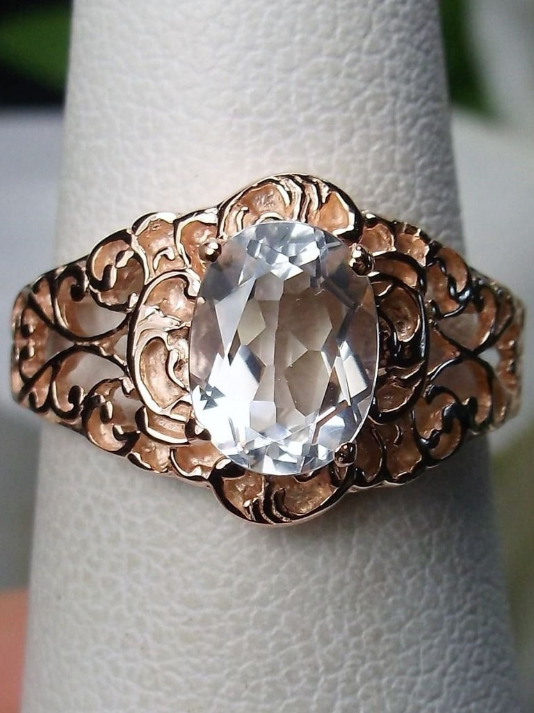 Natural White Topaz Ring, Rose Gold plated over sterling silver, small nouveau design, Silver Embrace Jewelry, D12