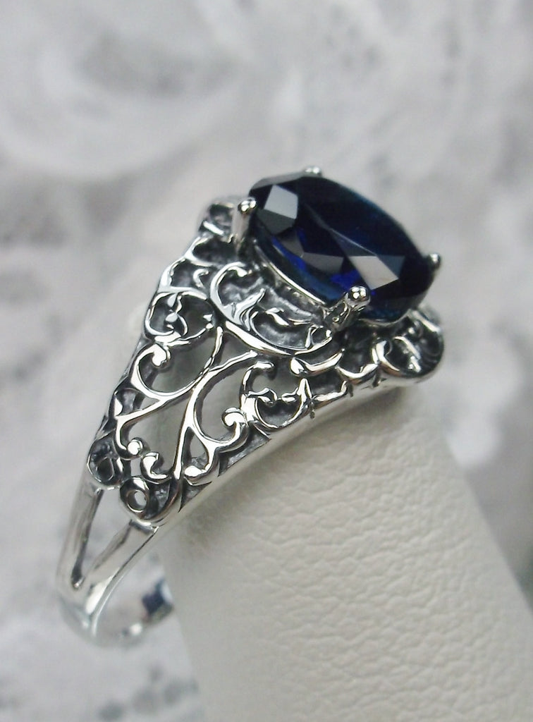 Blue Sapphire Ring, Art Nouveau, sterling silver filigree, Silver Embrace Jewelry D14-