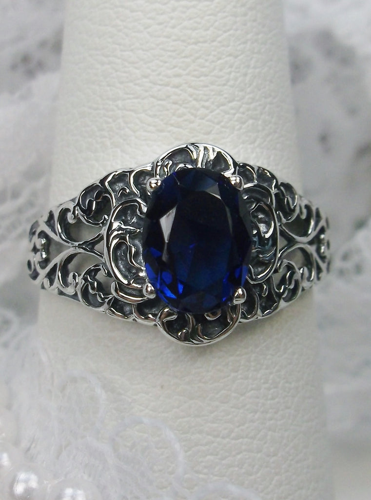 Blue Sapphire Ring, Art Nouveau, sterling silver filigree, Silver Embrace Jewelry D14-