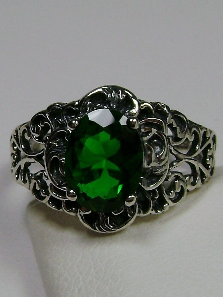 Green emerald Ring, simulated emerald gem, sterling silver filigree, Art Nouveau Jewelry, #D14, Silver Embrace Jewelry