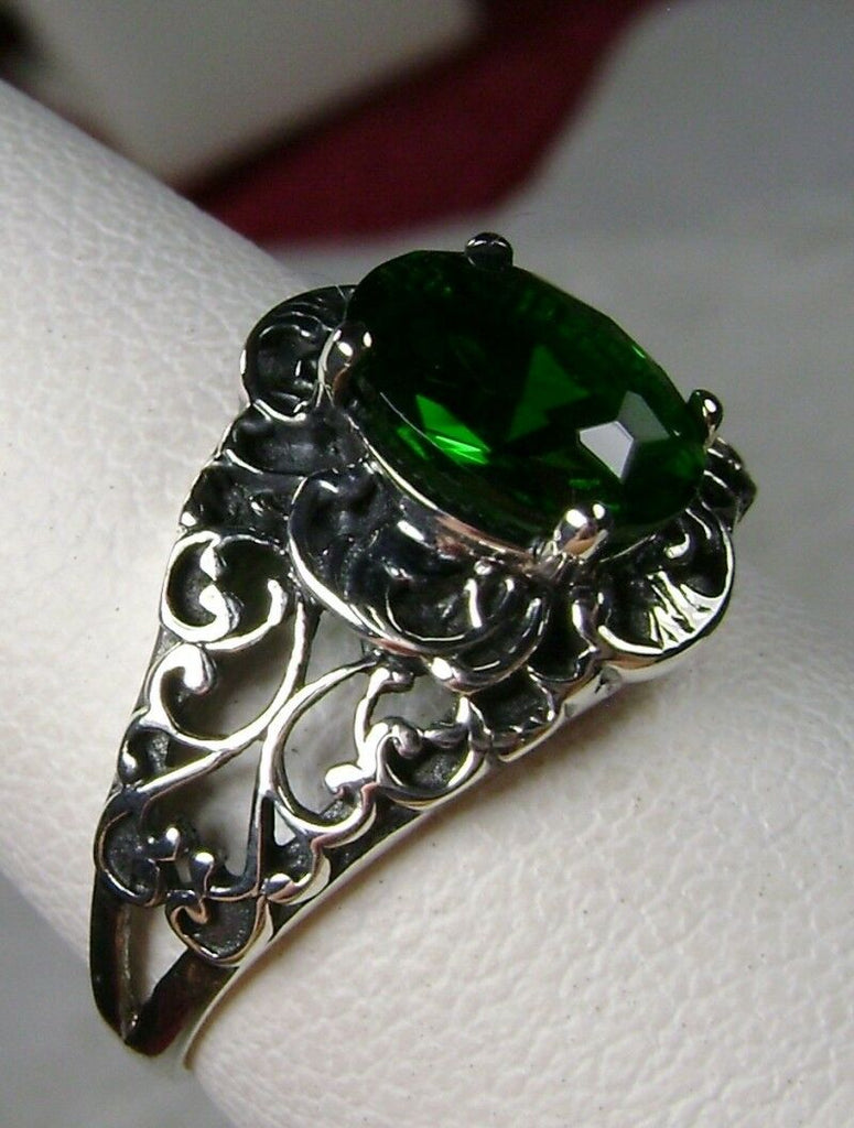 Green emerald Ring, simulated emerald gem, sterling silver filigree, Art Nouveau Jewelry, #D14, Silver Embrace Jewelry
