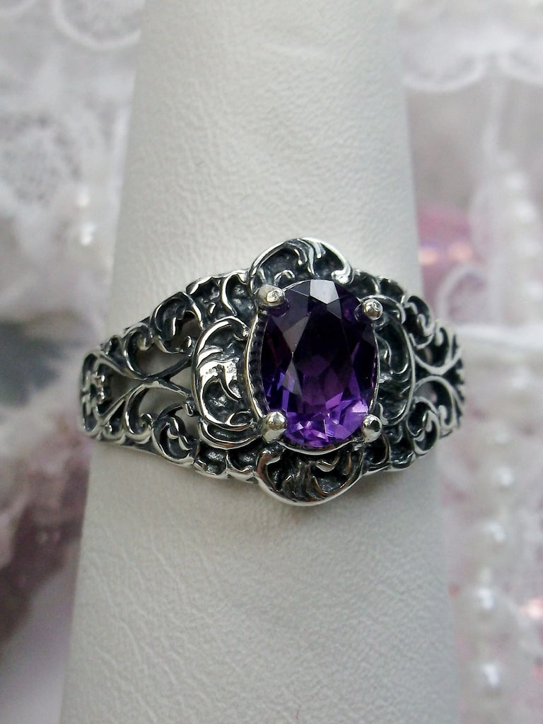 Natural Purple Amethyst Ring, Sterling Silver Filigree, Art Nouveau Jewelry, Silver Embrace Jewelry, #D14