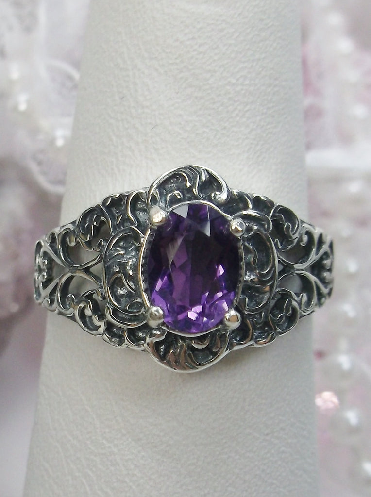 Natural Purple Amethyst Ring, Sterling Silver Filigree, Art Nouveau Jewelry, Silver Embrace Jewelry, #D14