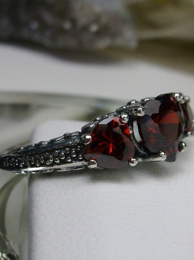 Red Garnet Cubic Zirconia (CZ) Ring, Three Hearts, Simulated Gemstone, Victorian jewelry, Vintage Ring, Silver Embrace Jewelry, D143
