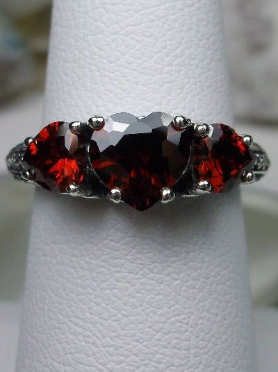 Red Garnet Cubic Zirconia (CZ) Ring, Three Hearts, Simulated Gemstone, Victorian jewelry, Vintage Ring, Silver Embrace Jewelry, D143