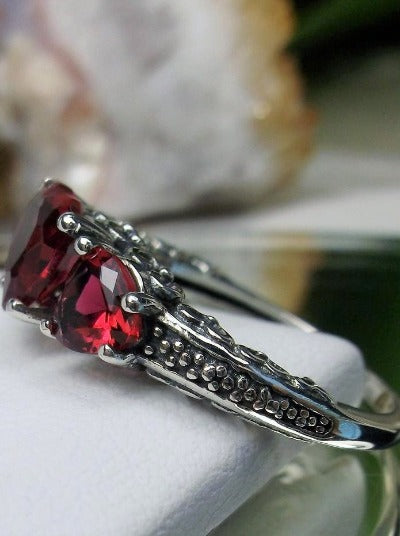 Red Ruby Ring, Three Hearts, Simulated Gemstone, Victorian jewelry, Vintage Ring, Silver Embrace Jewelry, D143