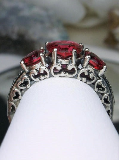 Red Ruby Ring, Three Hearts, Simulated Gemstone, Victorian jewelry, Vintage Ring, Silver Embrace Jewelry, D143
