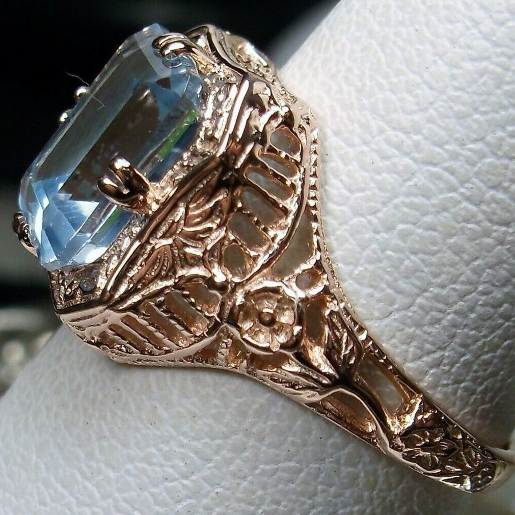 Natural Blue Topaz Ring, Solid 14k Gold, Lovely Rectangle, Antique Filigree, Silver Embrace Jewelry D148