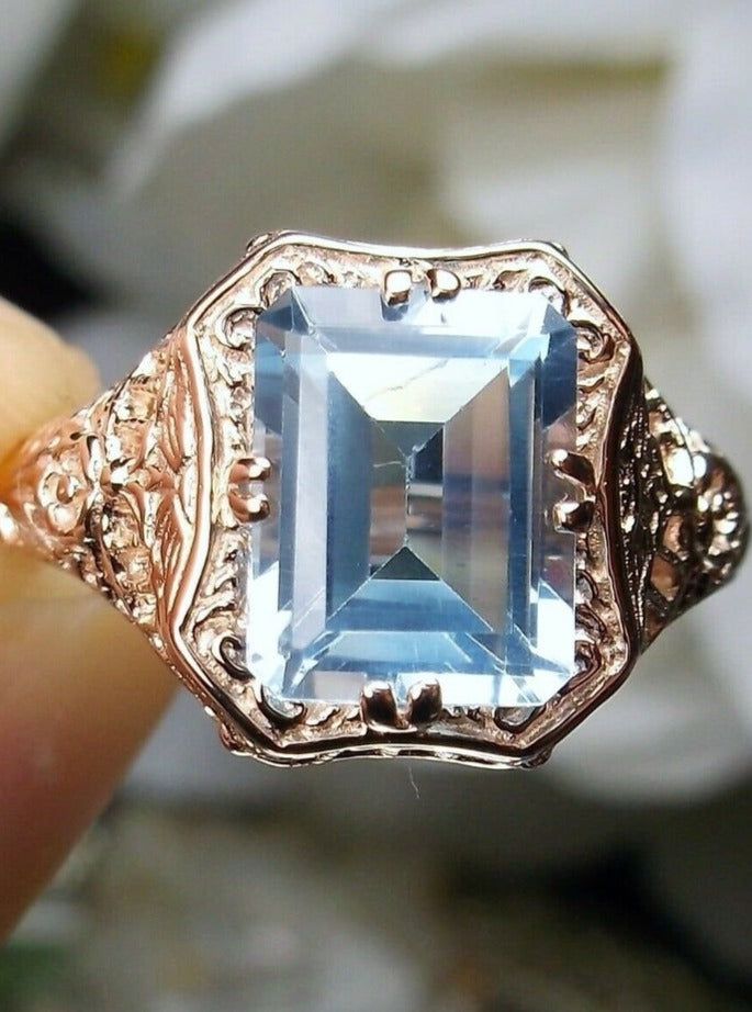 Natural Blue Topaz Ring, Solid 14k Gold, Lovely Rectangle, Antique Filigree, Silver Embrace Jewelry D148