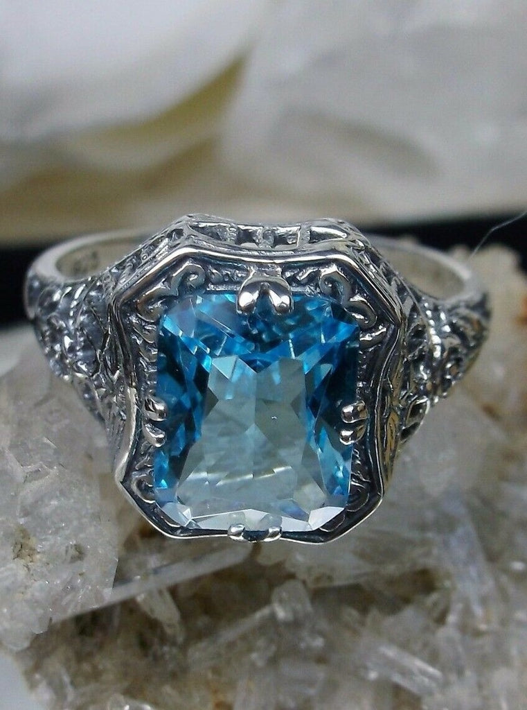 Simulated Sky Blue Gemstone, Simulated Aquamarine, Simulated Blue Topaz Ring, Lovely Rectangle, Victorian Jewelry, Silver Embrace Jewelry, D148 Lovely Rectangle Ring