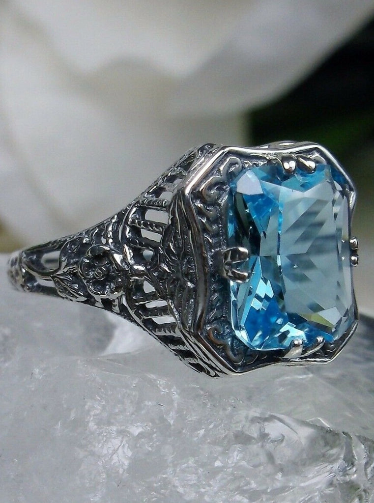 Simulated Sky Blue Gemstone, Simulated Aquamarine, Simulated Blue Topaz Ring, Lovely Rectangle, Victorian Jewelry, Silver Embrace Jewelry, D148 Lovely Rectangle Ring